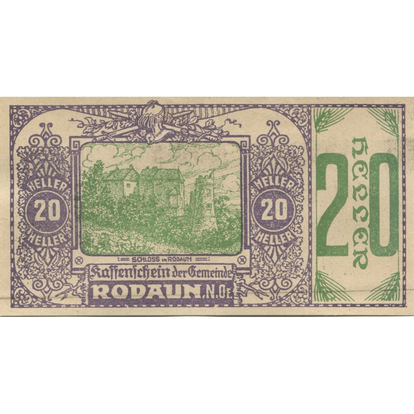 Banknote, Austria, Rodaun, 20 Heller, château, 1920, UNC(63), Mehl:FS 840IIc