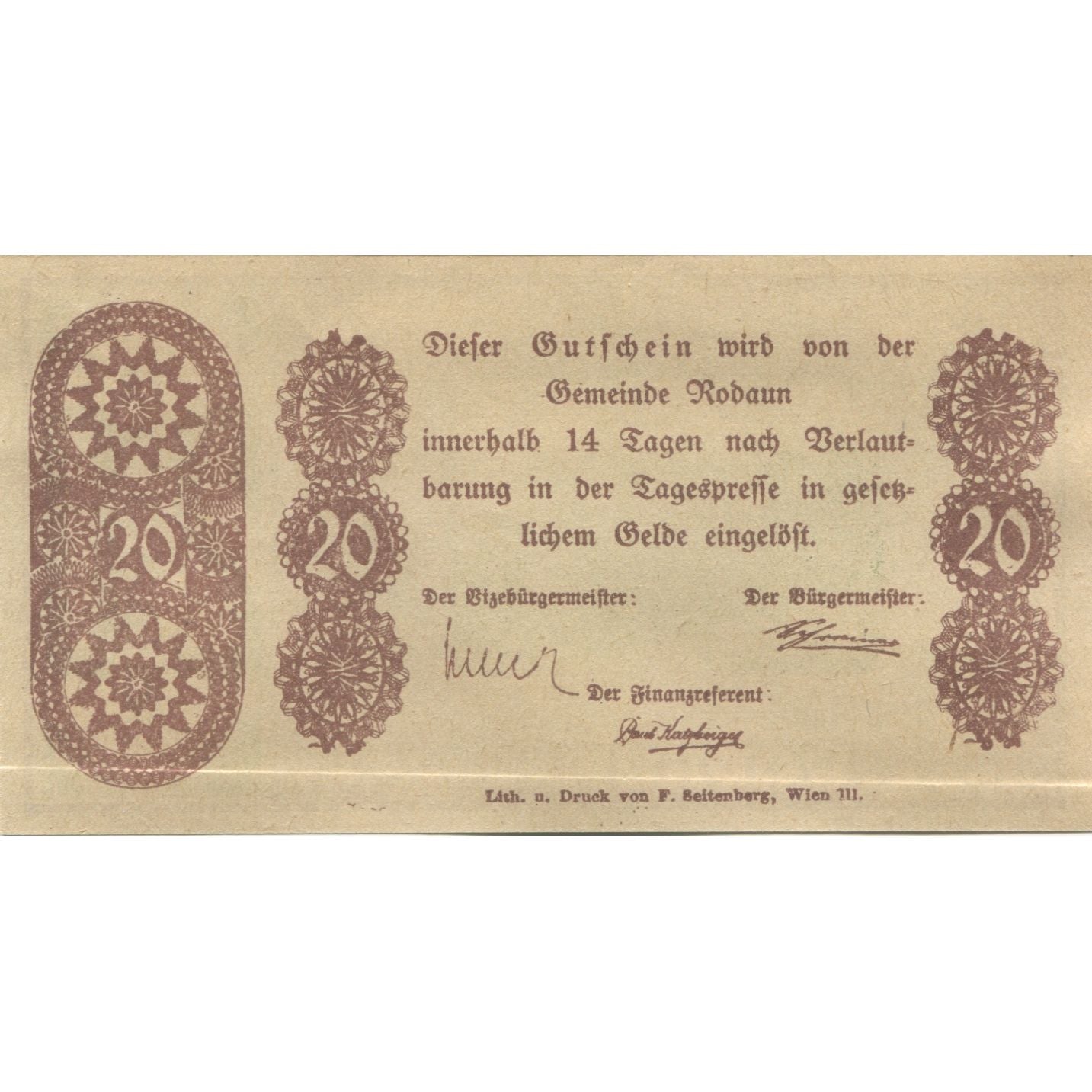 Banknote, Austria, Rodaun, 20 Heller, château, 1920, UNC(63), Mehl:FS 840IIc