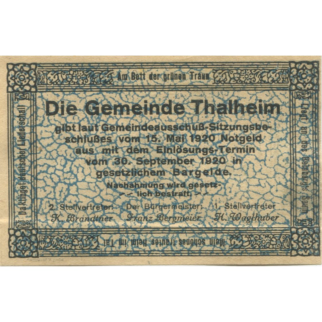 Banknote, Austria, Thalheim bei Wels 20 Heller village 1920 UNC(63) Mehl:FS 1066