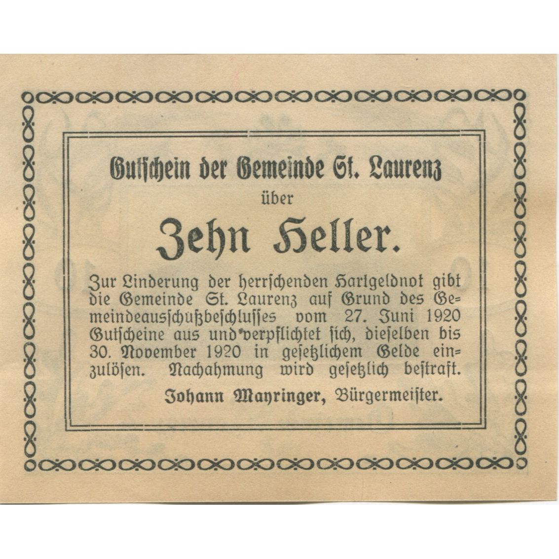 Banknote, Austria, St Laurenz, 10 Heller, Eglise, 1920 UNC(63) Mehl:FS 900b1
