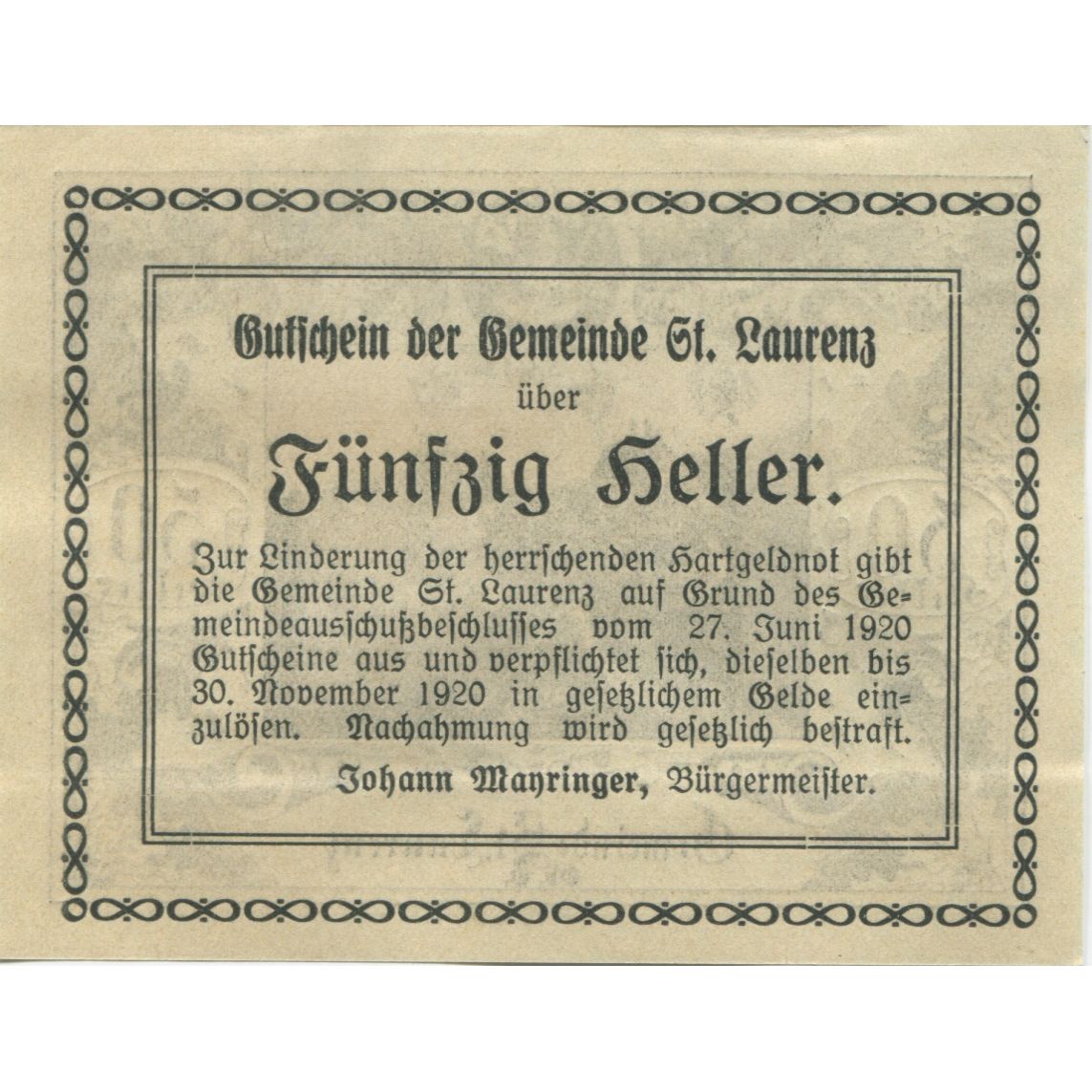 Banknote, Austria, St Laurenz, 50 Heller, château, 1920, UNC(63) Mehl:FS 900b4