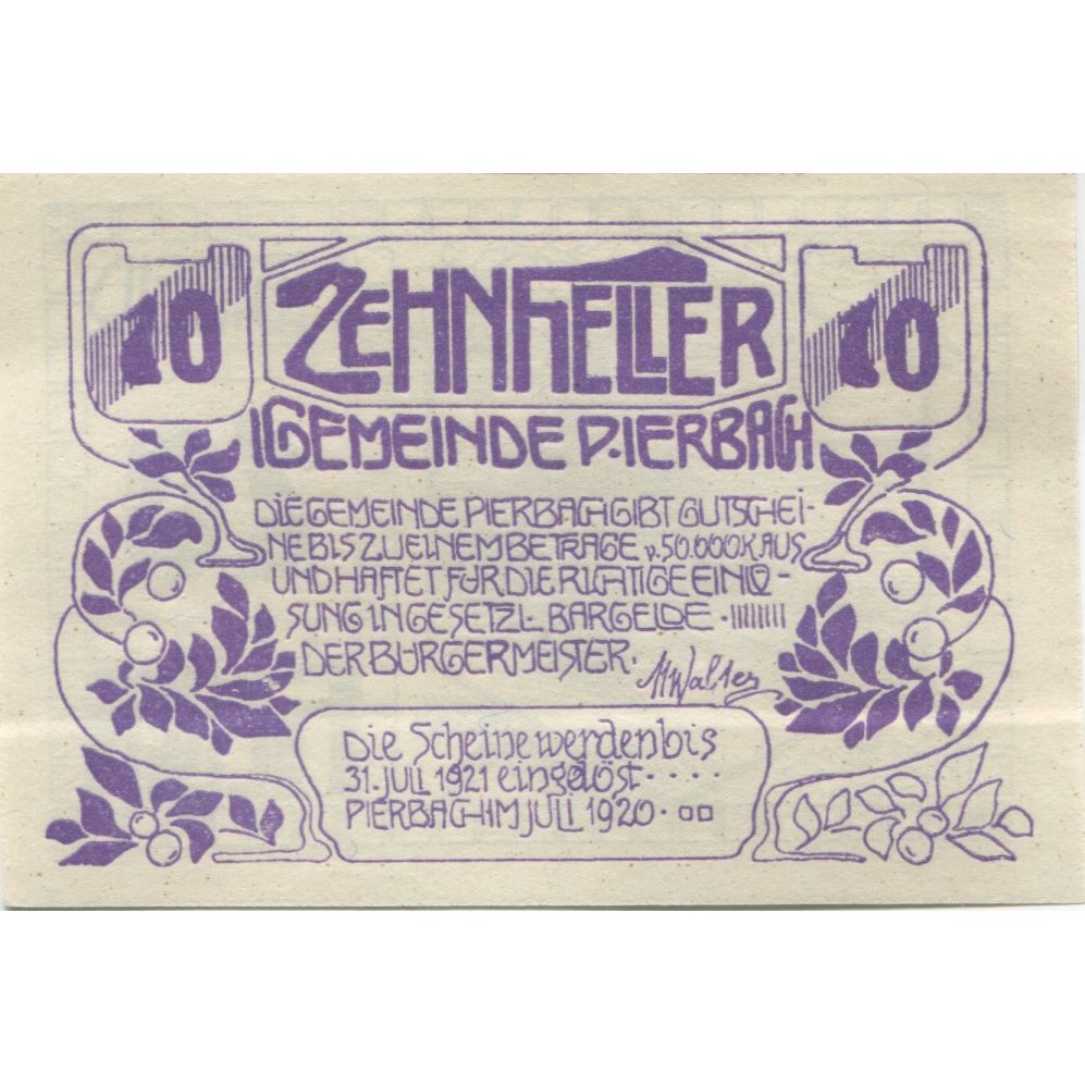 Billete, Austria, Pierbach, 10 Heller, ruine, 1921, SC, Mehl:FS 749