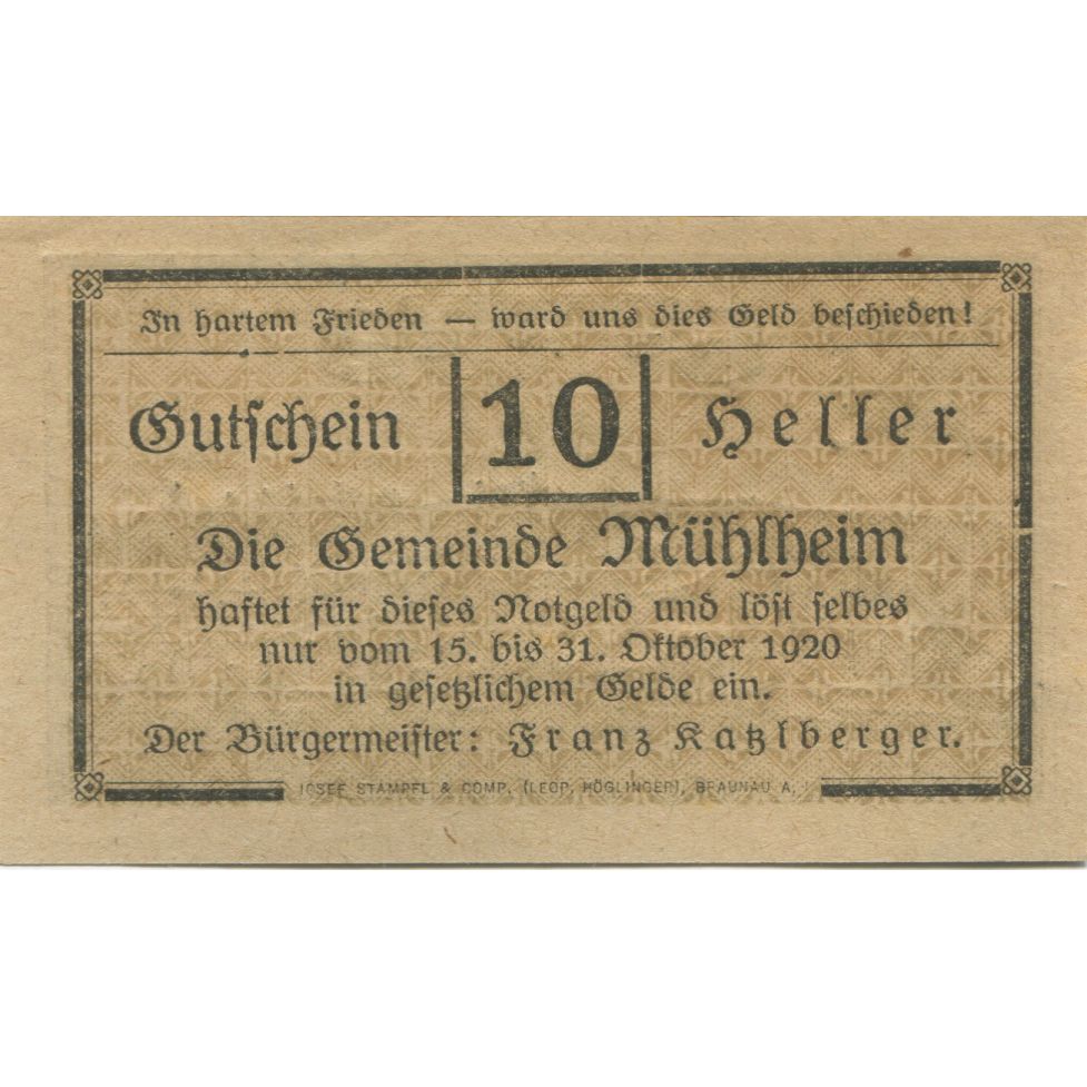 Banknote, Austria, Mülheim, 10 Heller, château, 1920 UNC(63) Mehl:FS 631a1