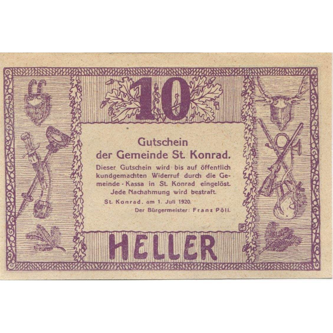 Banknote, Austria, ST KONRAD, 10 Heller, chalet, 1920, UNC(63), Mehl:FS 899