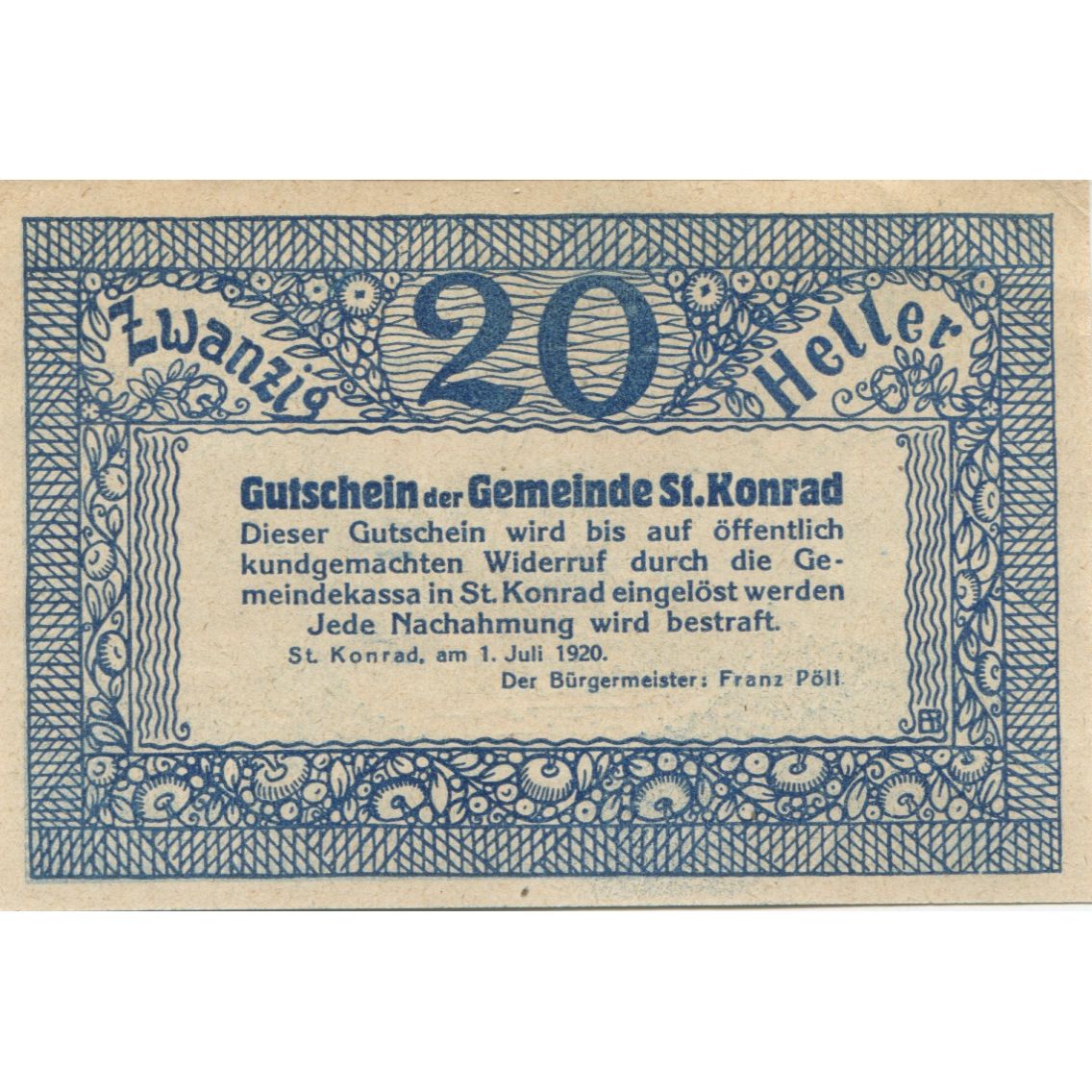 Banknote, Austria, ST KONRAD, 20 Heller, paysage, 1920, UNC(63), Mehl:FS 899