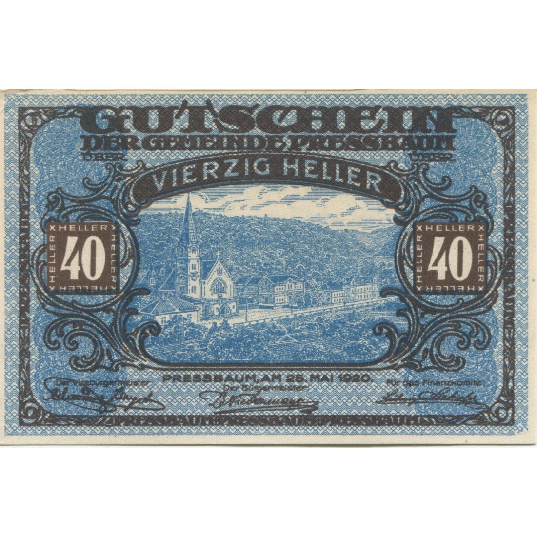 Banknote, Austria, Pressbaum, 40 Heller, paysage, 1921 UNC(63) Mehl:FS 784a
