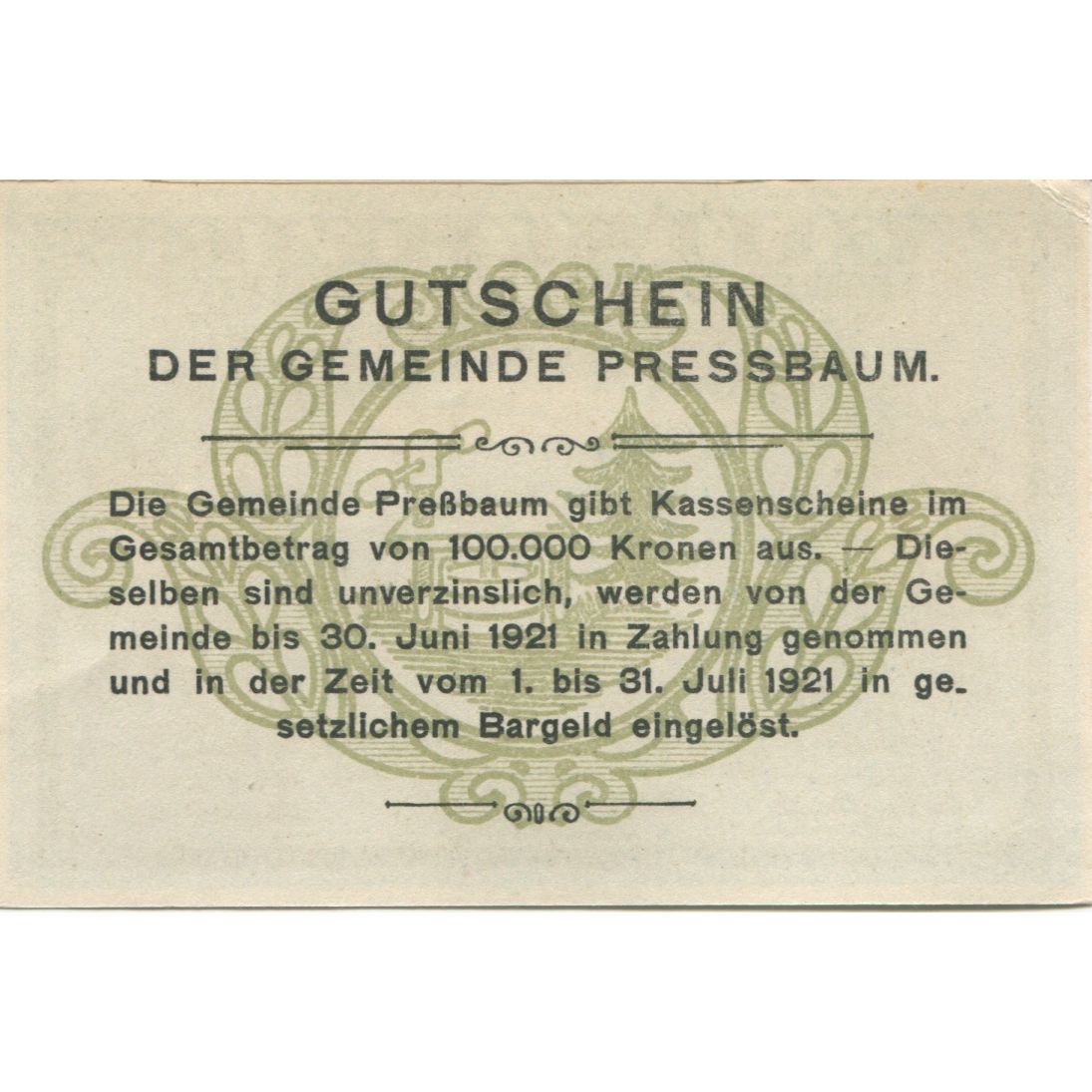 Banknote, Austria, Pressbaum, 40 Heller, paysage, 1921 UNC(63) Mehl:FS 784a