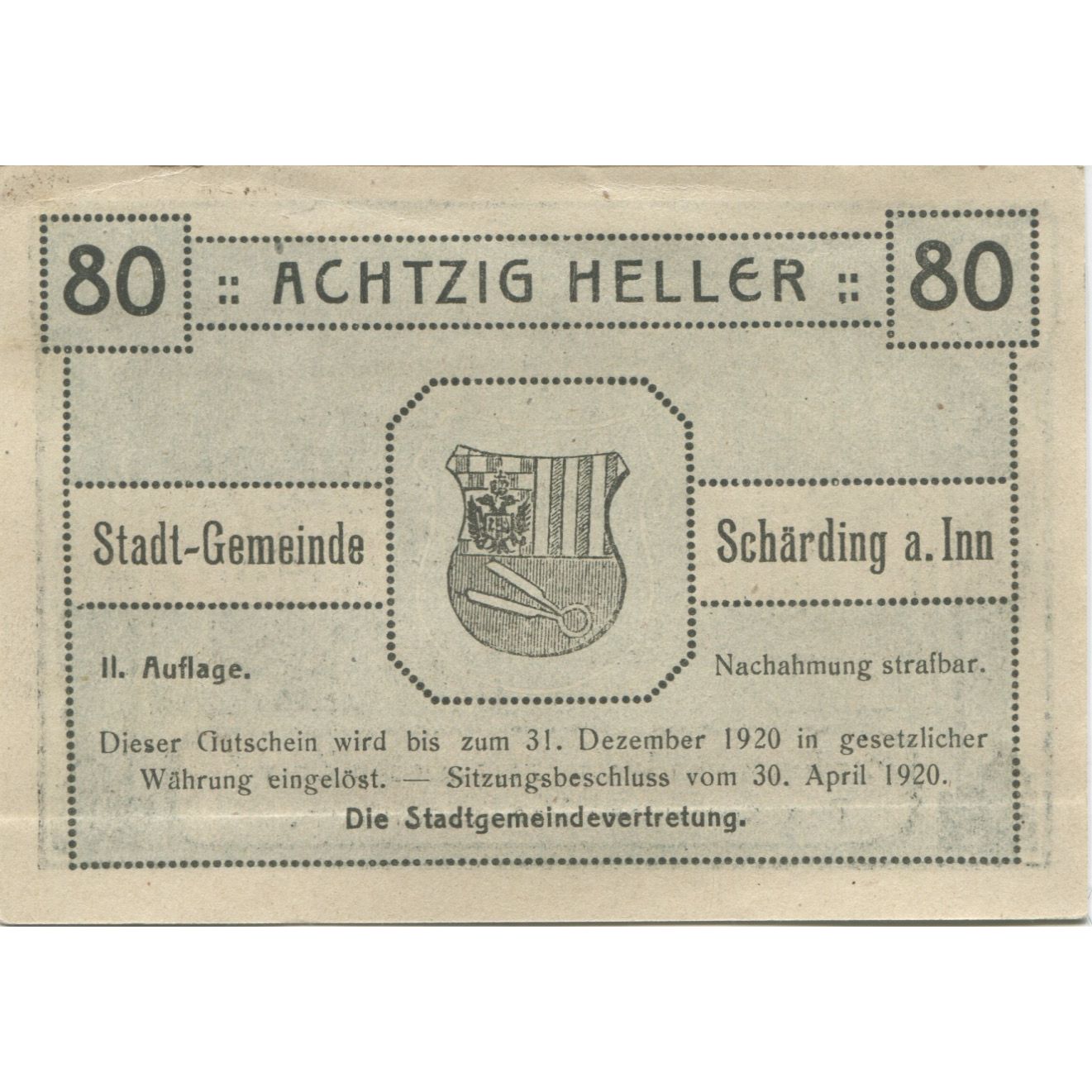 Billete, Austria, Schärding, 80 Heller, château 1920-12-31, SC Mehl:FS 951IIa