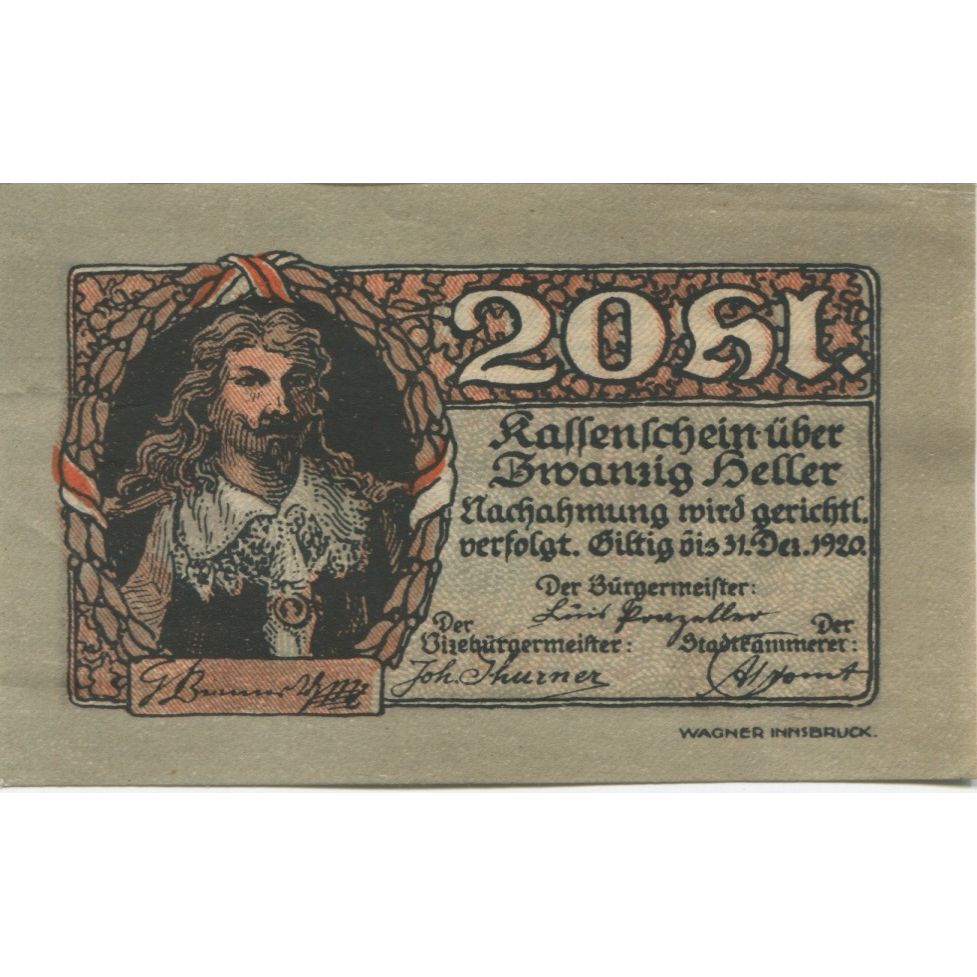 Billete, Austria, Rattenberg, 20 Heller, portrait 1920-12-31, SC Mehl:FS 821I