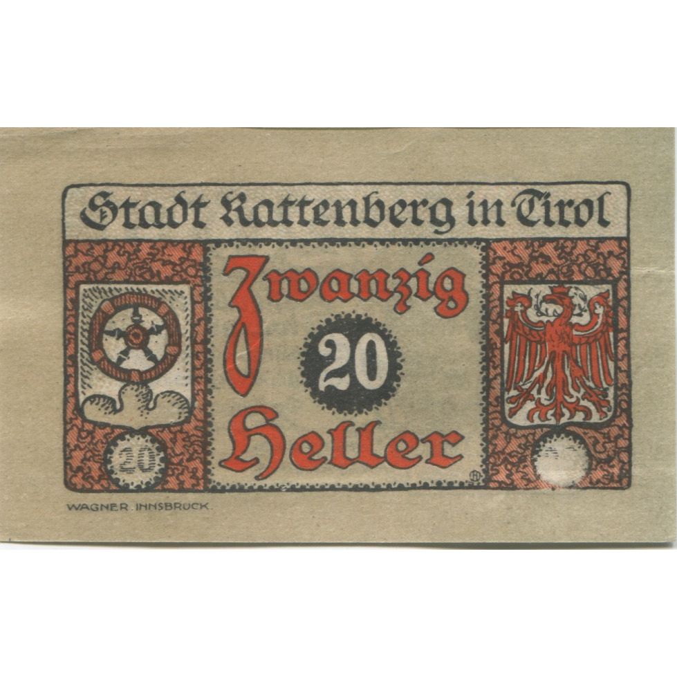Billete, Austria, Rattenberg, 20 Heller, portrait 1920-12-31, SC Mehl:FS 821I