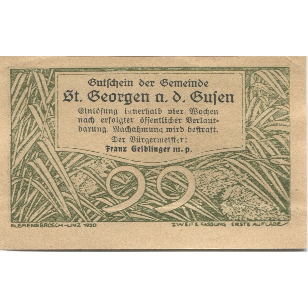 Billete, Austria, St Georgen, 99 Heller, lac, 1920, SC, Mehl:FS 886IIb