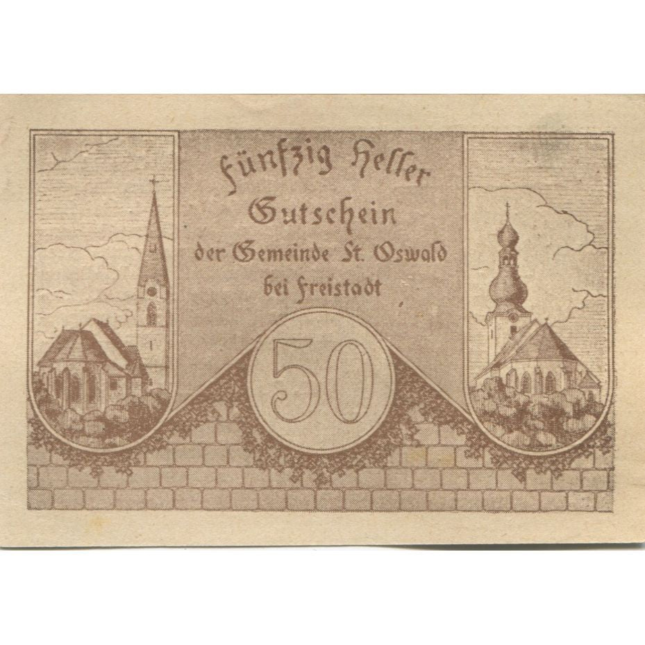 Banconote, Austria, St Oswald, 50 Heller, Eglise 1920-11-01, SPL, Mehl:FS 917