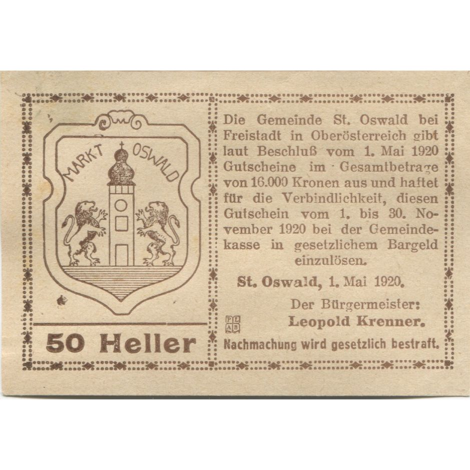 Banconote, Austria, St Oswald, 50 Heller, Eglise 1920-11-01, SPL, Mehl:FS 917