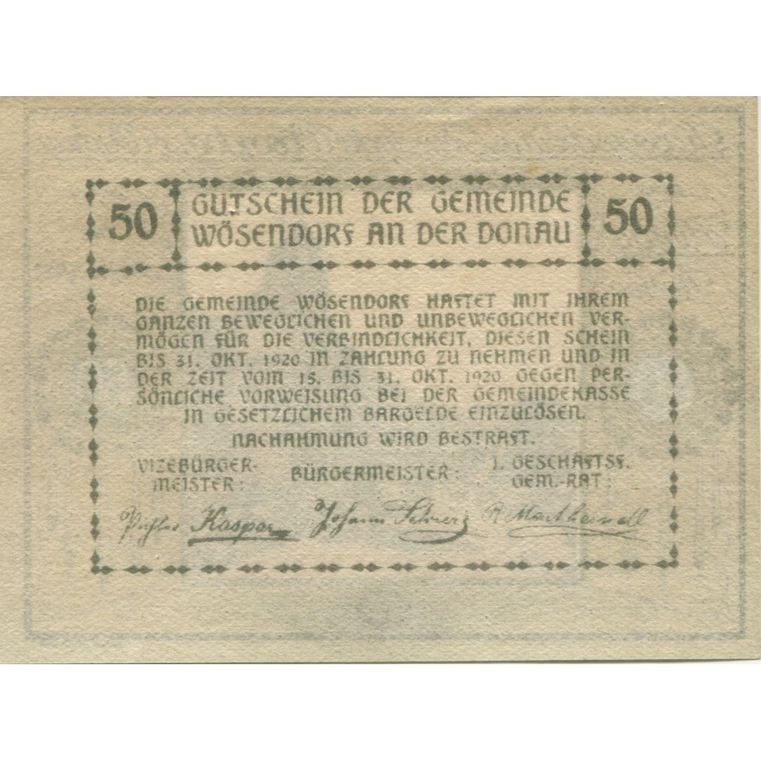 Banconote, Austria, Wösendorf, 50 Heller, route 1920-12-31, SPL Mehl:FS 1255a