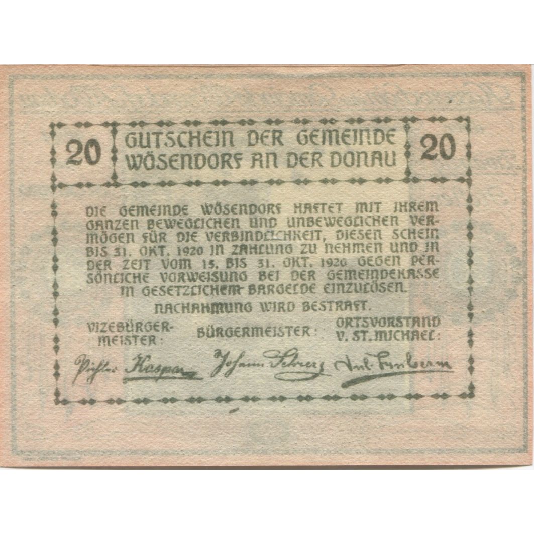Banknote, Austria, Wösendorf, 20 Heller, château, 1920 UNC(63) Mehl:FS 1255a