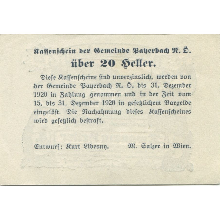 Billete, Austria, Payerbach, 20 Heller, personnage, 1920 SC Mehl:FS 725