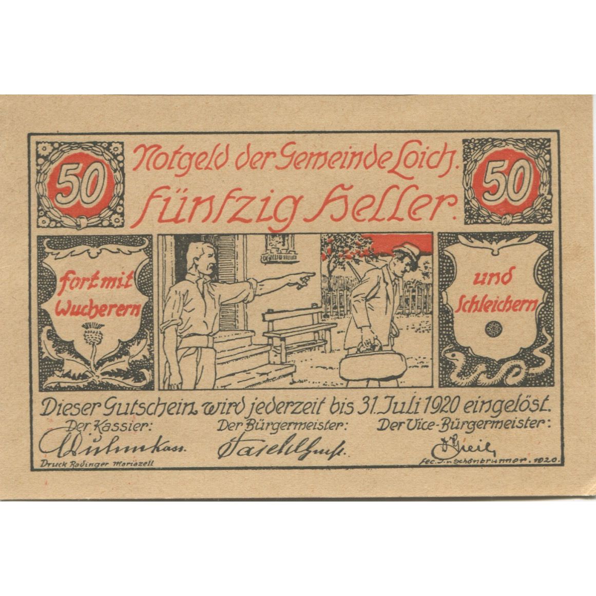 Banknote, Austria, LOICH, 50 Heller, personnage, 1920 UNC(63) Mehl:FS 562