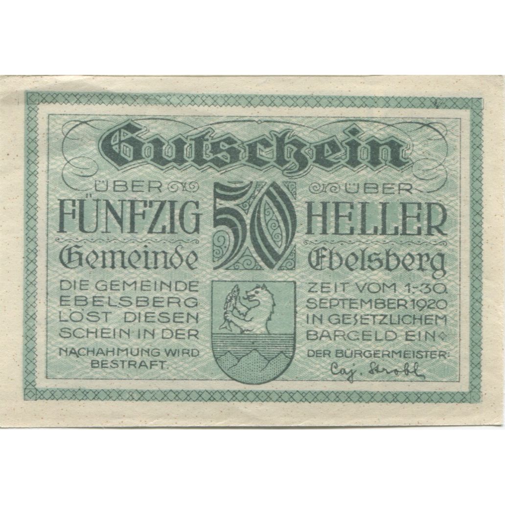 Billet, Autriche, Ebelsberg, 50 Heller, Blason 1920-09-30, SPL Mehl:FS 140Ia