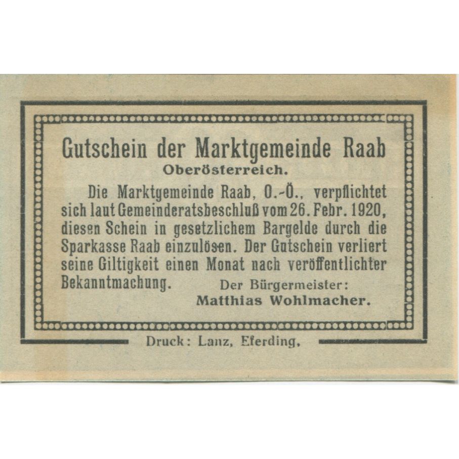 Billete, Austria, Raab, 20 Heller, valeur faciale, 1920, SC, Mehl:FS 805I2