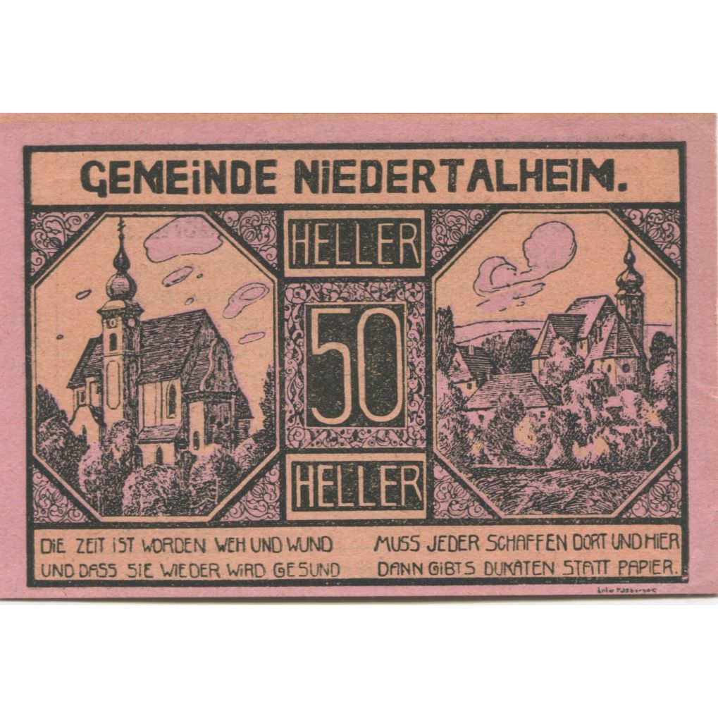Billete, Austria, Niedertalheim, 50 Heller, Eglise, 1920 SC Mehl:FS 672d