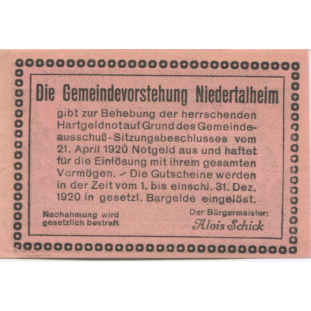 Billete, Austria, Niedertalheim, 50 Heller, Eglise, 1920 SC Mehl:FS 672d