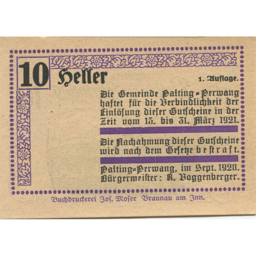 Banconote, Austria, Palting-Perwang, 10 Heller, Eglise, 1921 SPL Mehl:FS 720a3