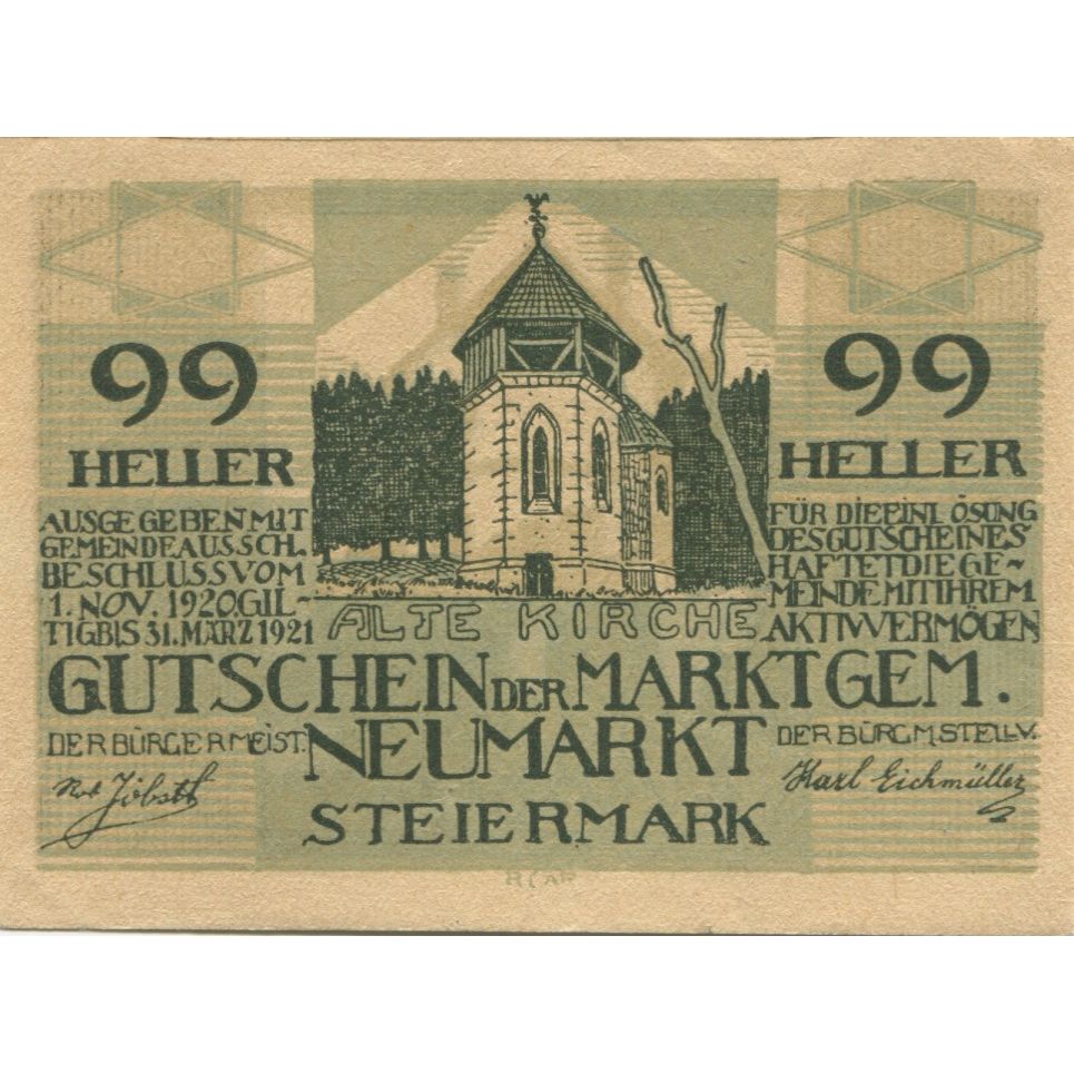 Billete, Austria, Neumarkt, 99 Heller, Eglise 1921-03-31, SC Mehl:FS 661b