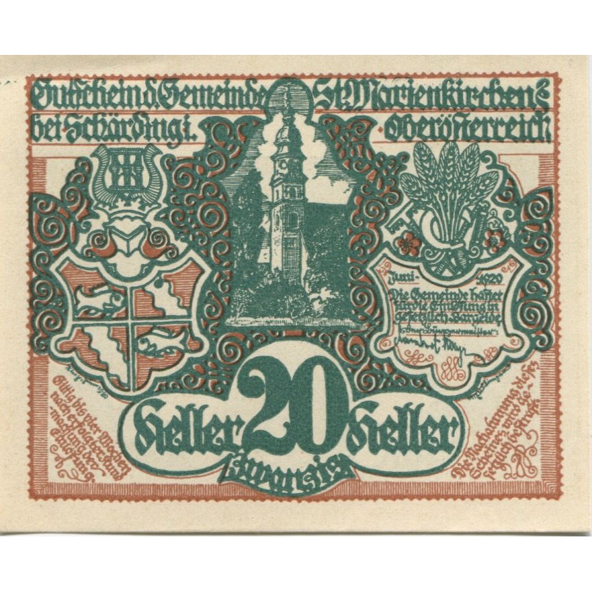 Billete, Austria, Schärding, 20 Heller, Blason, 1920, SC, Mehl:FS 910
