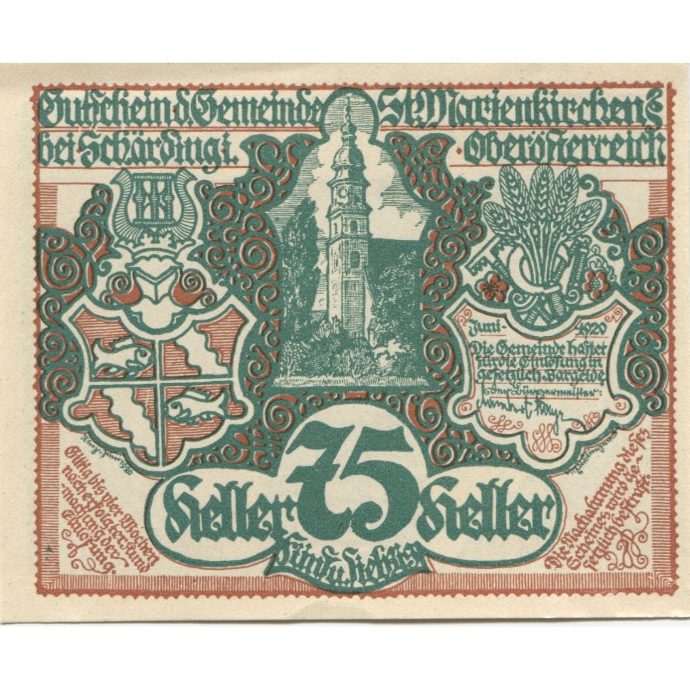 Billet, Autriche, Schärding, 75 Heller, Blason 1, 1920, SPL, Mehl:FS 910
