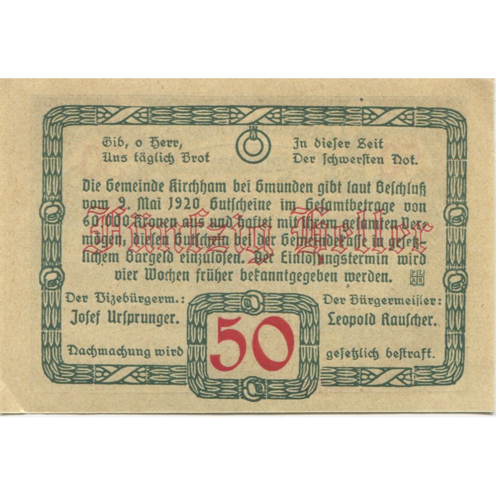 Nota, Áustria, Kirchham, 50 Heller, champs 1920-05-09, UNC(63) Mehl:FS 446Ia