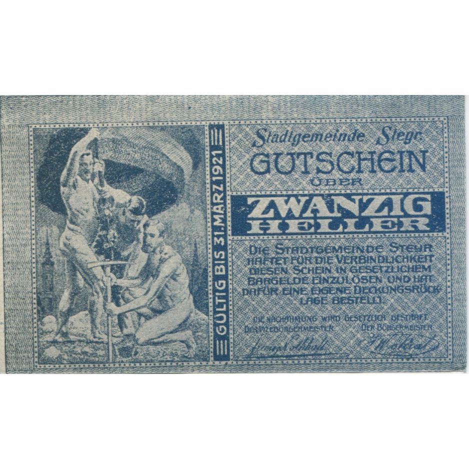 Biljet, Oostenrijk, Steyr, 20 Heller, personnage 1921-03-31, SPL Mehl:FS 1034IIa