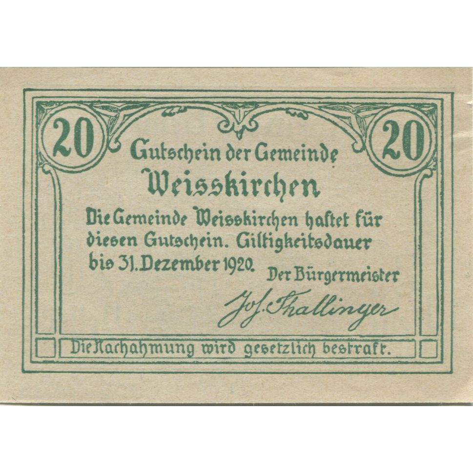 Billet Autriche, Weissenkirchen, 20 Heller, château 1920-12-31, SPL Mehl:FS 1160