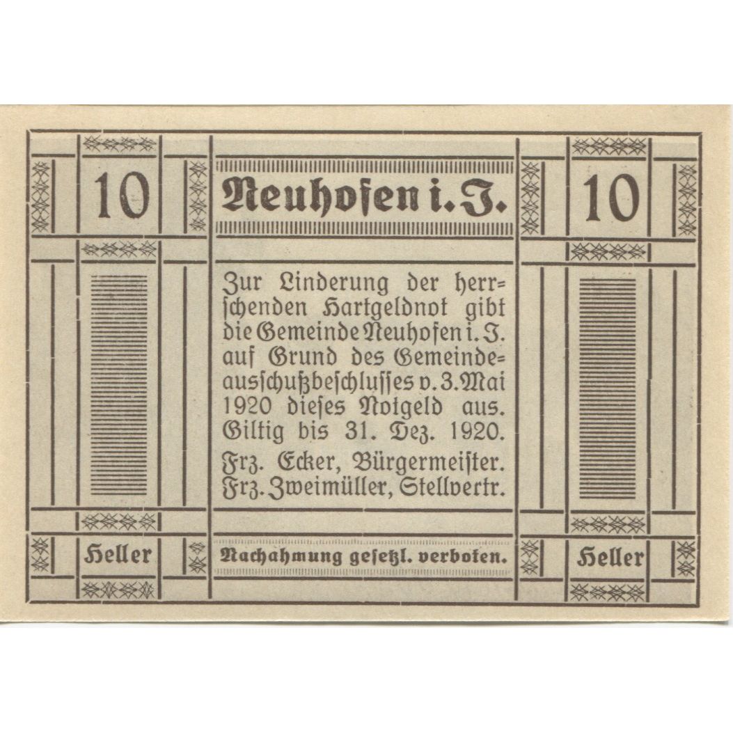 Billet, Autriche, Neuhofen, 10 Heller, rue 1920, 1920-12-31, SPL, Mehl:FS 652IIa