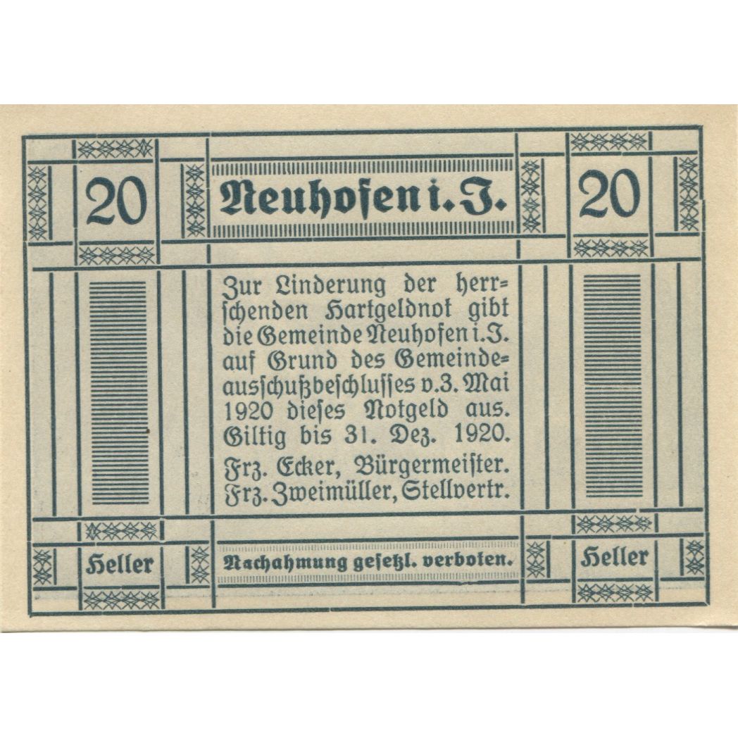 Billet, Autriche, Neuhofen, 20 Heller, route 1920-12-31, SPL Mehl:FS 652IIa