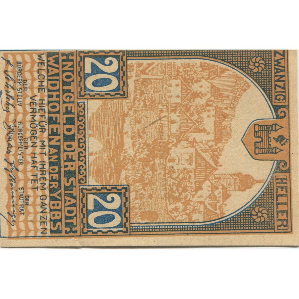 Billet, Autriche, Waidhofen an der Ybbs, 20 Heller, village, 1920 SPMehl:FS 1127