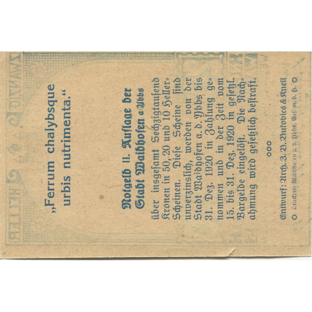 Billet, Autriche, Waidhofen an der Ybbs, 20 Heller, village, 1920 SPMehl:FS 1127