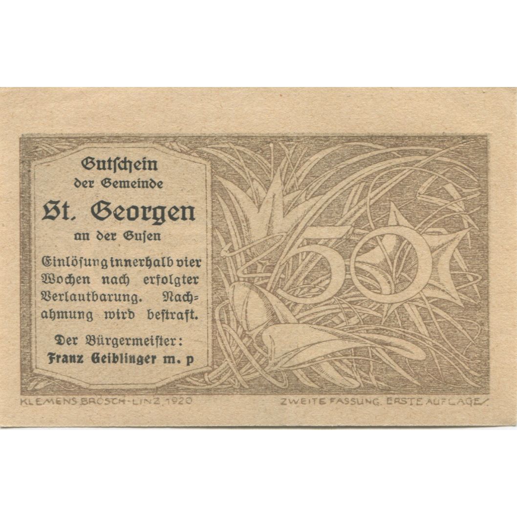 Biljet, Oostenrijk, St Georgen, 50 Heller, Fleur, 1920, SPL, Mehl:FS 886IIb