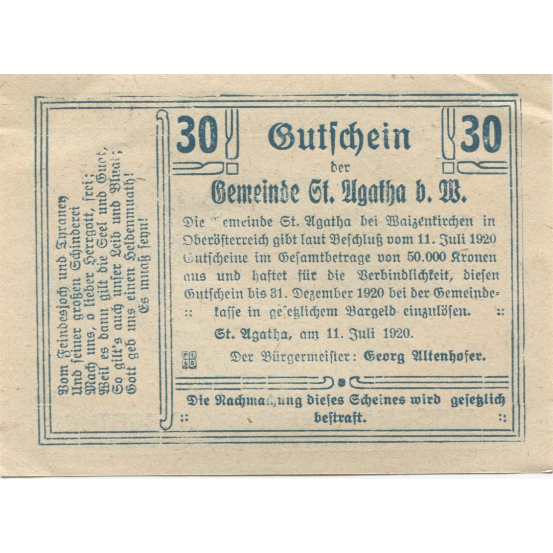 Biljet, Oostenrijk, St Agatha, 30 Heller, ferme 1920-12-31, SPL Mehl:FS 877II