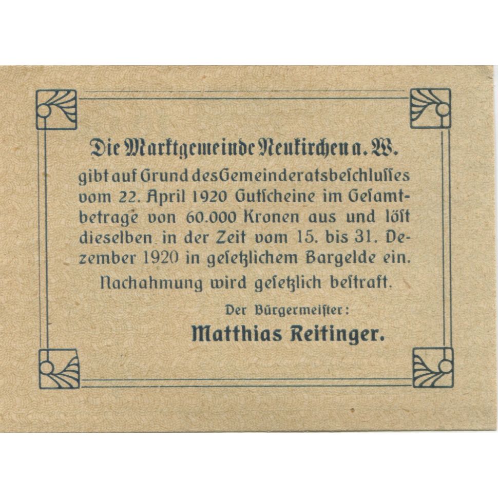 Billete, Austria, Neukirchen, 10 Heller, route 1921-12-31, SC Mehl:FS 655Ia