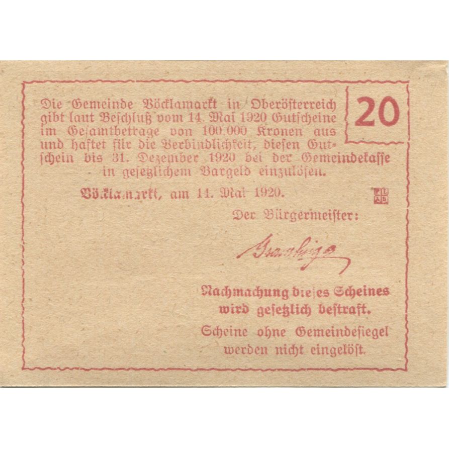 Billete, Austria, Vöcklamarkt, 20 Heller, village, 1920, SC Mehl:FS 1117IIc