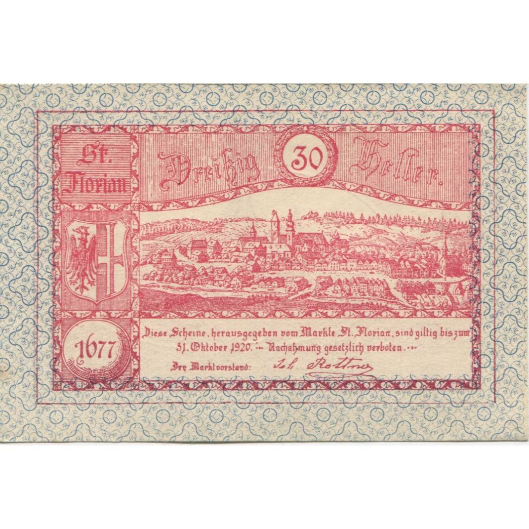 Billete, Austria, St Florian, 30 Heller, village 1920-10-31, SC Mehl:FS 879Ib