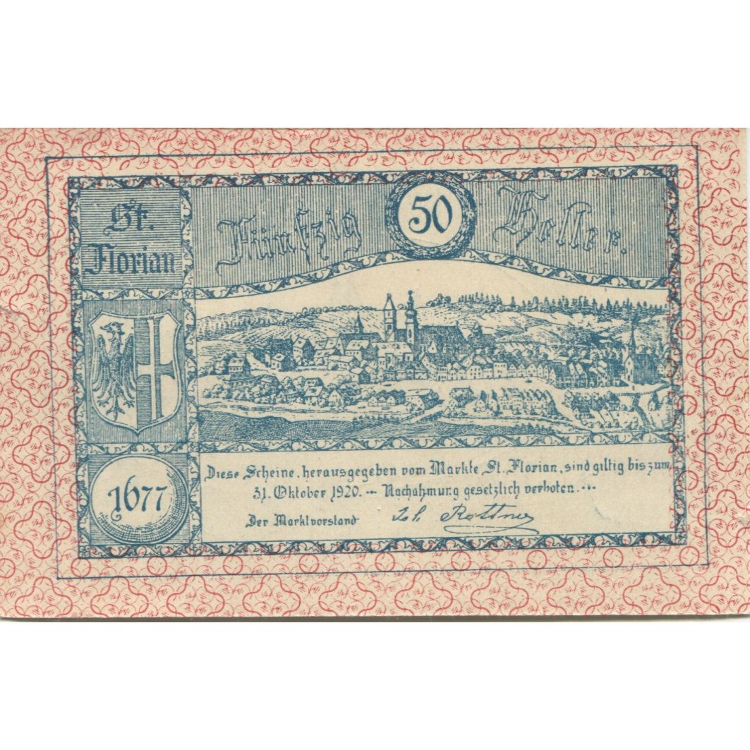 Billete, Austria, St Florian, 50 Heller, château 1920-10-31, SC Mehl:FS 879Ib