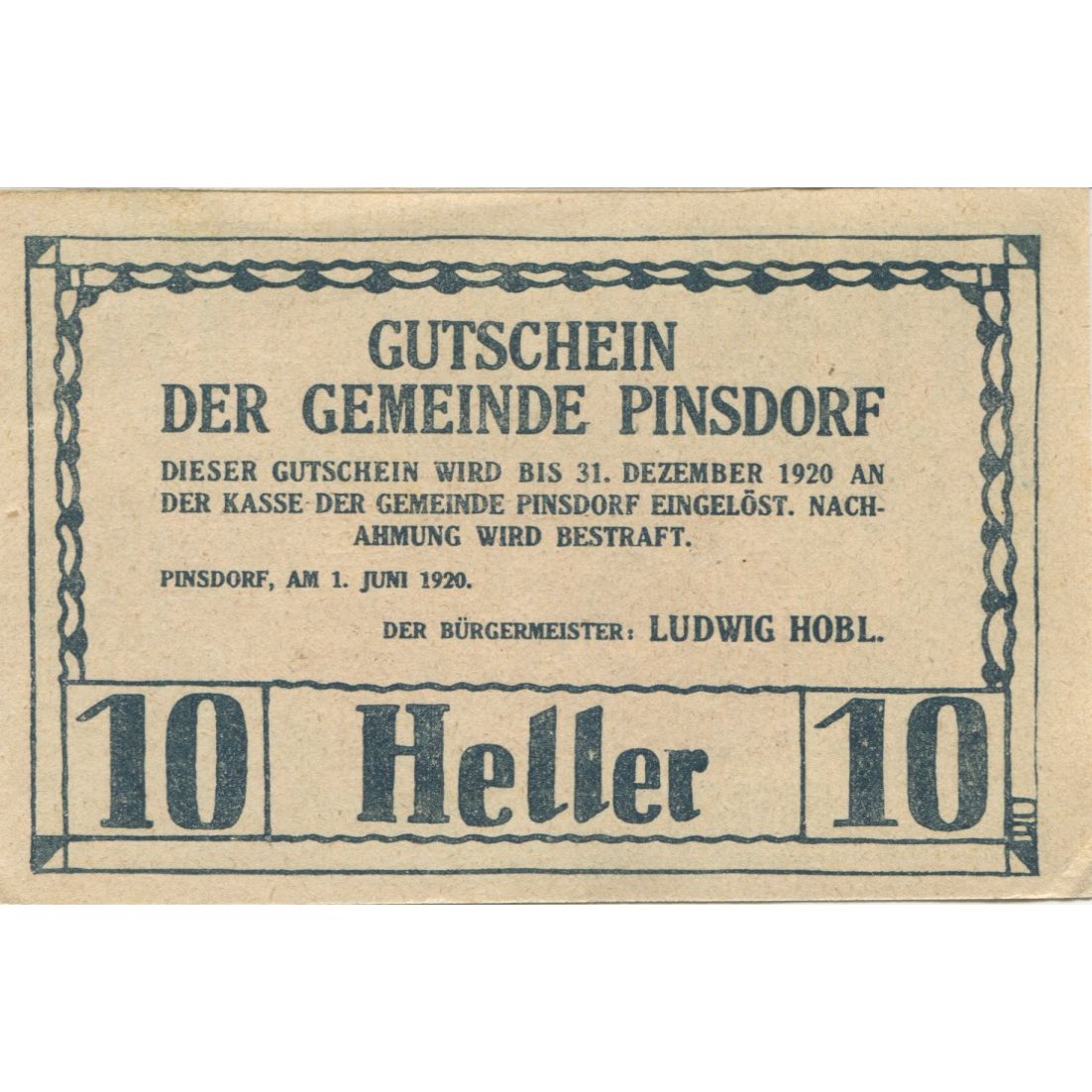 Banknote, Austria, Pinsdorf, 10 Heller, village, 1920, UNC(63) Mehl:FS 750