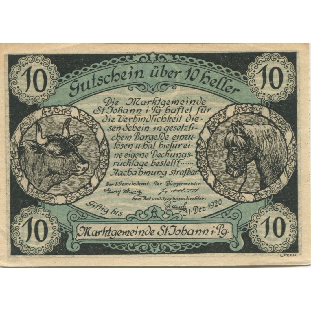 Billete, Austria, St Johann, 10 Heller, paysage 1920-12-31, SC Mehl:FS 895a