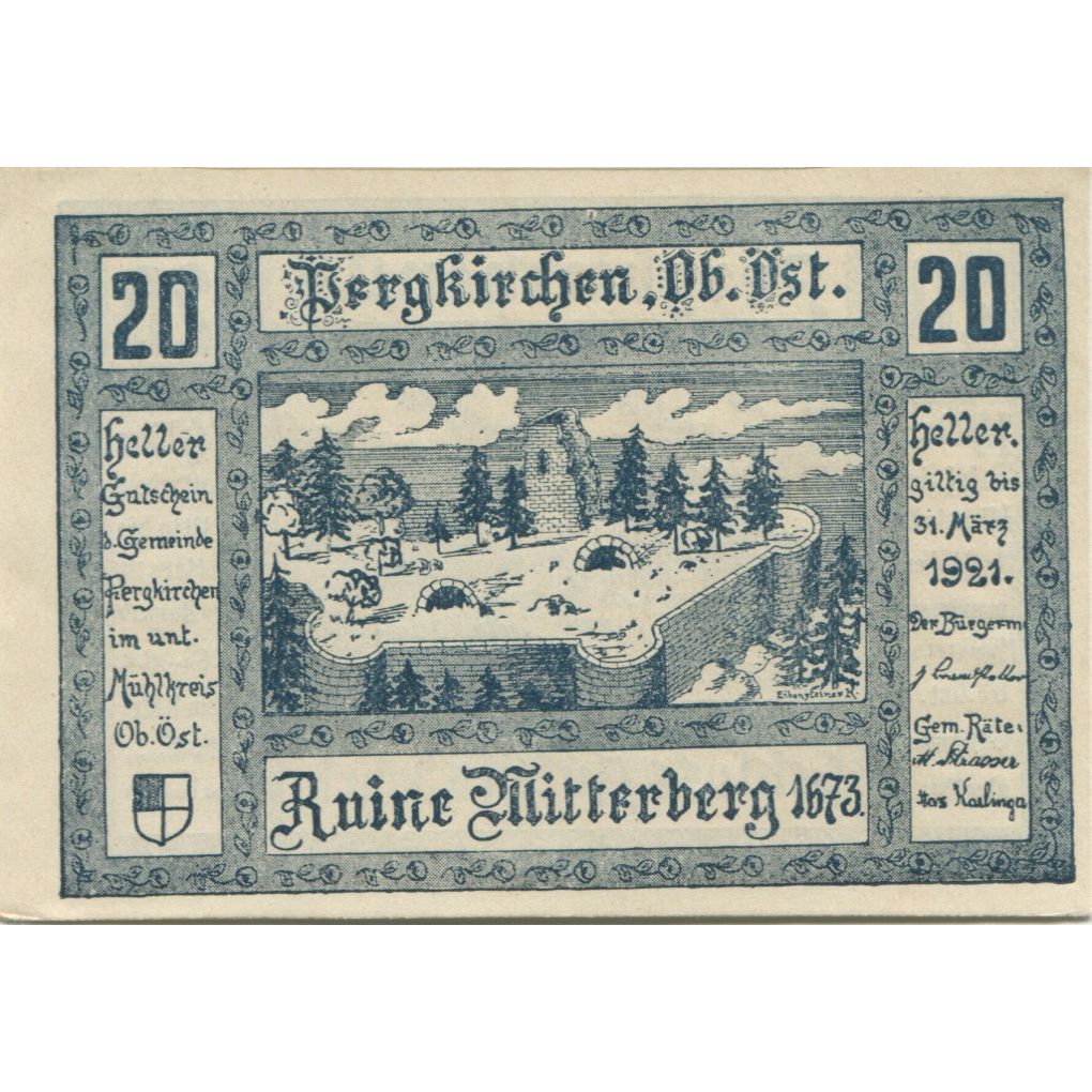Billete, Austria, Pergkirchen, 20 Heller, château 1921-03-31, SC Mehl:FS 732