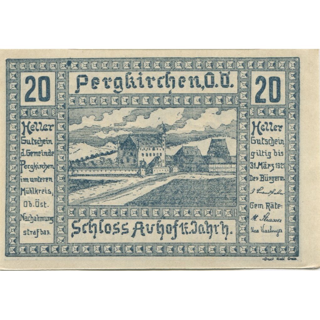 Billete, Austria, Pergkirchen, 20 Heller, château 1921-03-31, SC Mehl:FS 732