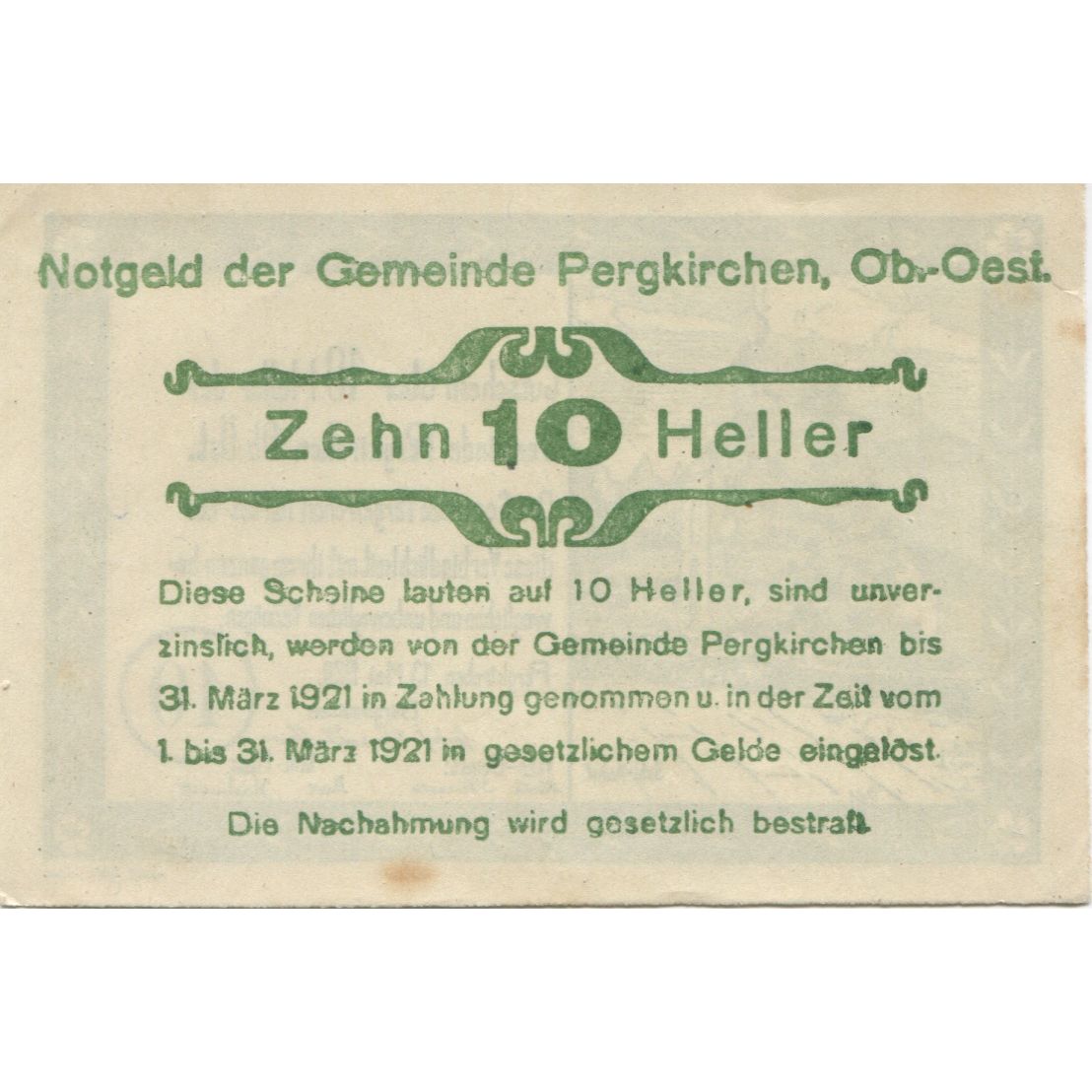 Billete, Austria, Pergkirchen, 10 Heller, Eglise, 1921-03-31, SC Mehl:FS 732a