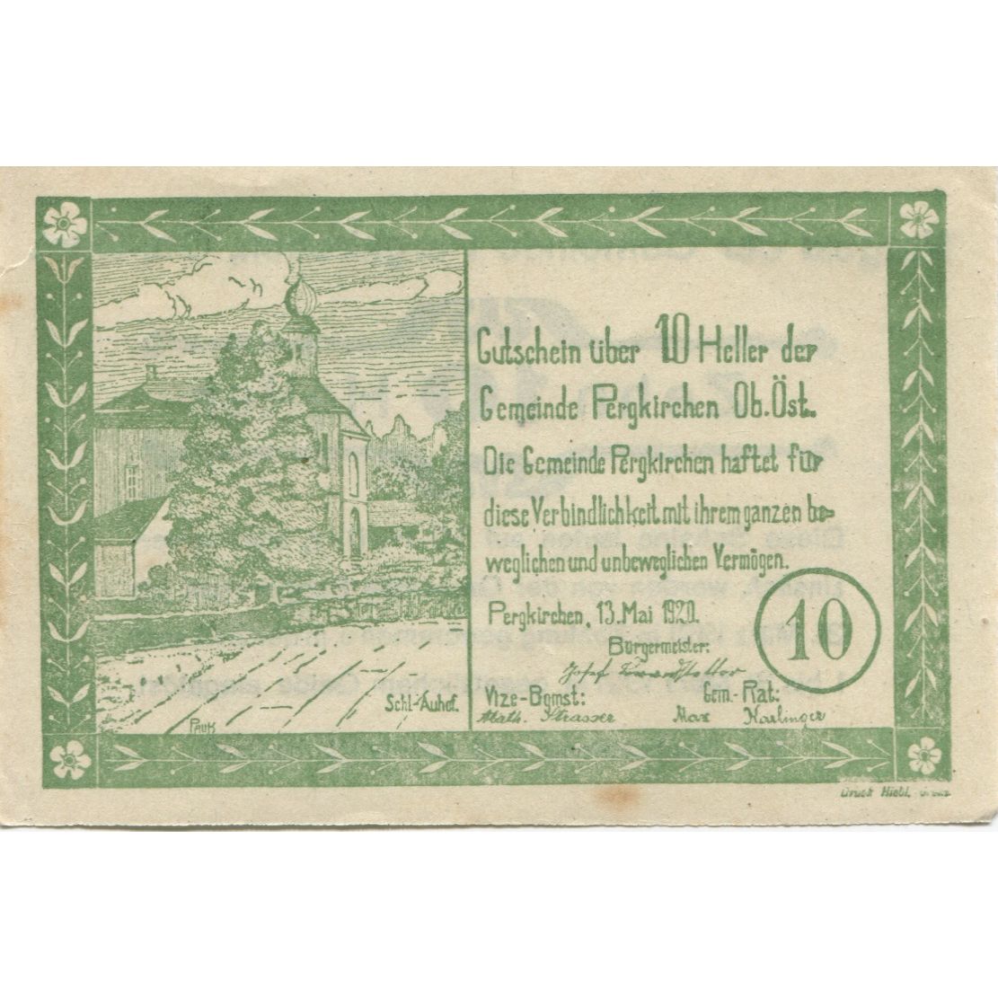 Billete, Austria, Pergkirchen, 10 Heller, Eglise, 1921-03-31, SC Mehl:FS 732a