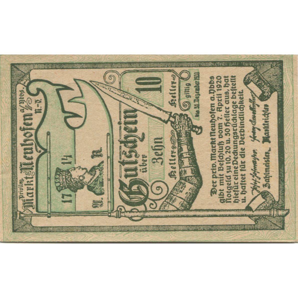 Biljet, Oostenrijk, Neuhofen, 10 Heller, épée 1920-12-31, SPL Mehl:FS 651c