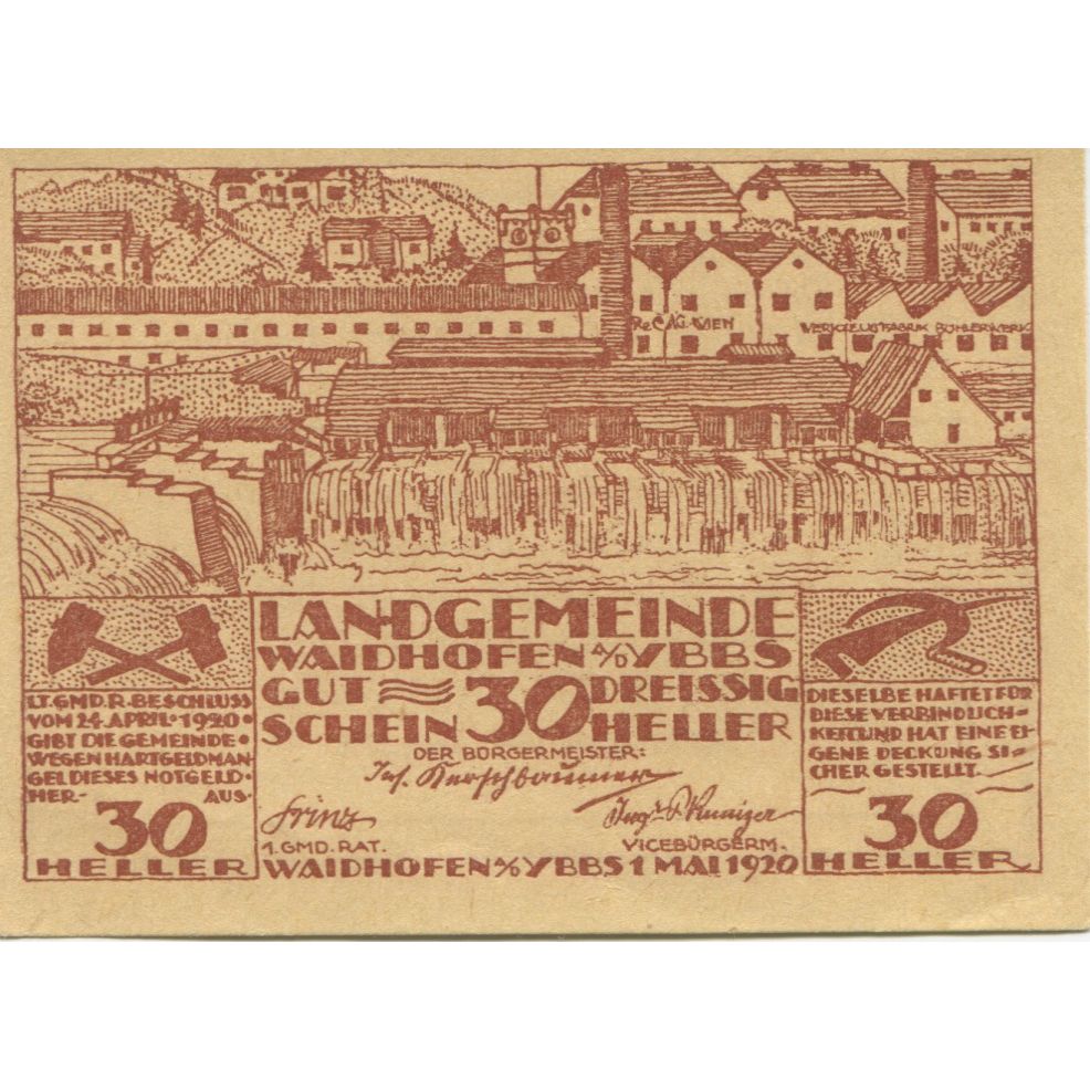 Billete, Austria, Waidhofen an der Ybbs, 30 Heller, Usine, 1920 SC Mehl:FS 1126a